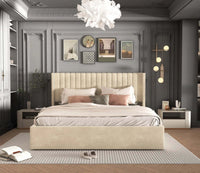 Lit coffre en velours beige avec matelas et oreillers dans une chambre moderne élégante.