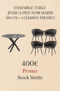 🪑 Ensemble Table JESSICA Pied Noir Effet Marbre 100 cm + 4 Chaises Tressées