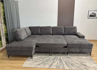 Canapé panoramique VIENNA en U, convertible avec 2 coffres intégrés, en tissu gris, idéal pour un salon moderne.