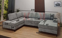 Canapé panoramique VIENNA en U, dimensions et design en velours côtelé, convertible avec deux coffres de rangement.