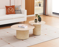 Table basse DUO BAIETA – Pieds beige, céramique travertin (80×38 / 60×45)