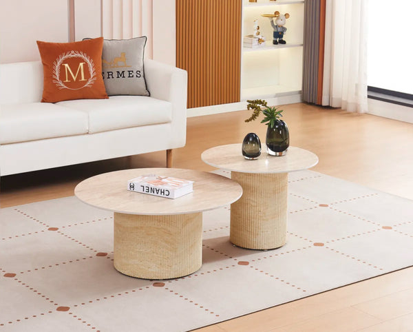 Table basse DUO BAIETA – Pieds beige, céramique travertin (80×38 / 60×45)