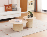 Table basse DUO BAIETA – Pieds beige, céramique travertin (80×38 / 60×45)