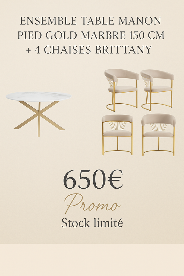 🍽️ Ensemble Table MANON pied Gold + 4 chaises BRITTANY