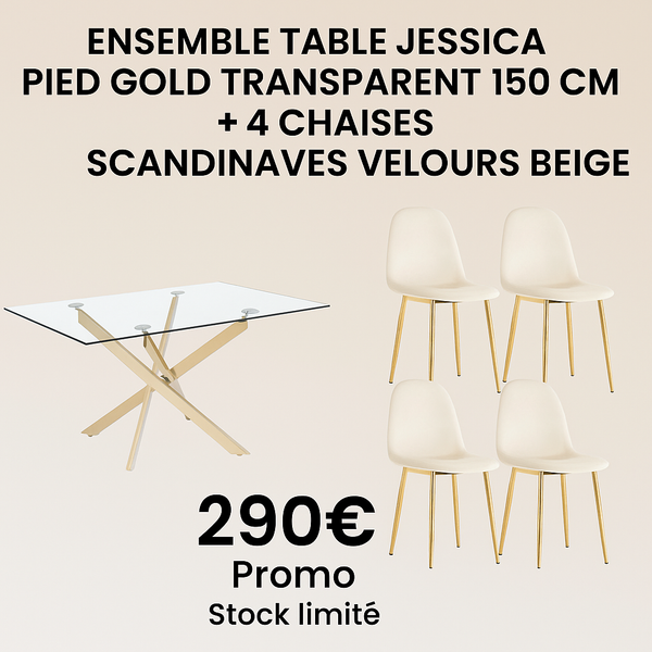 🪑 Ensemble Table JESSICA Pied Gold Transparent 150 cm + 4 Chaises Scandinaves Velours Beige