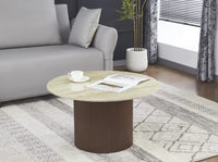 Table Basse FAMOUS – Pied effet noyer & plateau céramique travertin brillant (80 cm)