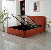 🛏️ Lit Coffre Double OLIVIA – Tissu Chenille Terracotta + Matelas 20 cm