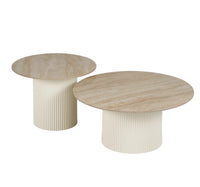 🪞 Table Basse MINA – Pied Blanc & Plateau Céramique Travertin Brillant