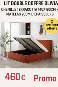 🛏️ Lit Coffre Double OLIVIA – Tissu Chenille Terracotta + Matelas 20 cm