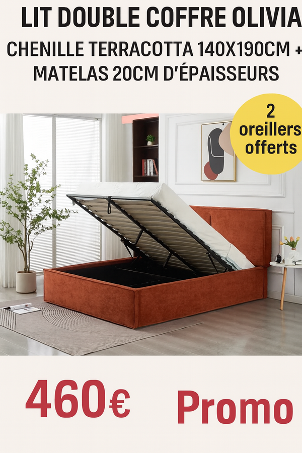 🛏️ Lit Coffre Double OLIVIA – Tissu Chenille Terracotta + Matelas 20 cm