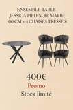 🪑 Ensemble Table JESSICA Pied Noir Effet Marbre 100 cm + 4 Chaises Tressées
