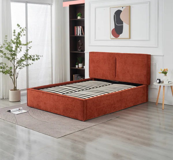 🛏️ Lit Coffre Double OLIVIA – Tissu Chenille Terracotta + Matelas 20 cm - Destock linge