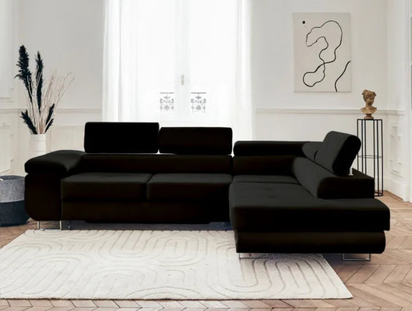 ⭐ BEST SELLER – Canapé d’Angle TOULOUSE velours Noir (Droit) – Convertible + Coffre