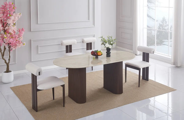 🍽️ Table à manger ROXY – Pied Noyer & Plateau Céramique Travertin Brillant (180 x 90 cm)