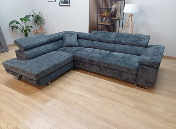 ⭐ BEST SELLER – Canapé d’Angle TOULOUSE velours Gris anthracite (Gauche) – Convertible + Coffre