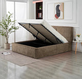 🛏️ Lit Coffre Double OLIVIA – Tissu Chenille Beige Taupe + Matelas 20 cm