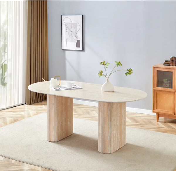 🍽️ Table à manger ROXY – Pied effet Travertin & Plateau Céramique Travertin Brillant (180 x 90 cm)