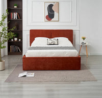🛏️ Lit Coffre Double OLIVIA – Tissu Chenille Terracotta + Matelas 20 cm