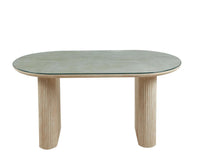 Table à manger ROXY effet travertin avec plateau en verre transparent, dimensions 160 x 90 x 75 cm.