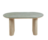 Table à manger ROXY effet travertin avec plateau en verre transparent, dimensions 160 x 90 x 75 cm.