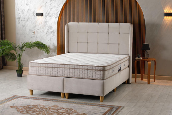 🛏️ Lit Coffre AZBA – Velours Beige + Matelas 30 cm à ressorts