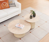 Table basse DUO BAIETA – Pieds beige, céramique travertin (80×38 / 60×45)