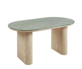 Table à manger ROXY design moderne effet travertin avec plateau en verre transparent, dimensions 160 x 90 x 75 cm.