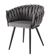 Lot de 4 chaises avec accoudoirs tressées – Pied métal noir, velours anthracite