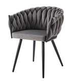 Lot de 4 chaises avec accoudoirs tressées – Pied métal noir, velours anthracite