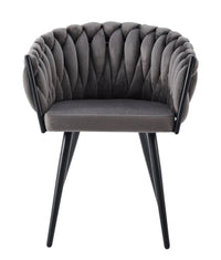 Lot de 4 chaises avec accoudoirs tressées – Pied métal noir, velours anthracite