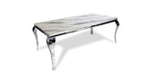 Table à manger BAROQUE 6 à 8 couverts pieds chrome plateau en verre 180x90 cm