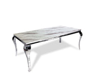 Table à manger BAROQUE 4 à 6 couverts pieds chrome plateau en verre 150x90 cm