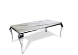Table à manger BAROQUE 4 à 6 couverts pieds chrome plateau en verre 150x90 cm